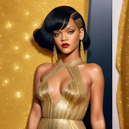 Prompt: Hyperrealistic and very detailed Rihanna with a hyperrealistic face and hyperrealistic hair and ultra realistic Gold Schiaparelli glittered embroidered long dress wearing in a extremely abstract Wes Anderson world