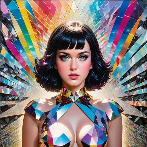 Prompt: A majestic and hyper realistic Katy Perry, her form ingeniously crafted from a myriad of shattered CDs, standing amidst a garage sale in a prism-punk utopia. This ethereal figure, a mosaic of reflective fragments, exudes an aura of serene omnipotence. The CDs, once symbols of a technological past, now repurposed, give her a radiant, holographic appearance. The surrounding environment is a fusion of vivid colors and geometric shapes, embodying the quintessence of prism-punk aesthetics. Imagine a time-lapse effect at play, where the world around her moves in accelerated motion: people perusing the garage sale blur into swift, fluid movements while she remains a tranquil, unchanging beacon amidst the hustle. Sunlight catches on her fragmented form, casting kaleidoscopic patterns that dance across the utopian landscape. This scene encapsulates ultimate serenity within a dynamic, ever-changing world, symbolizing the timeless grace amidst the relentless passage of time. 