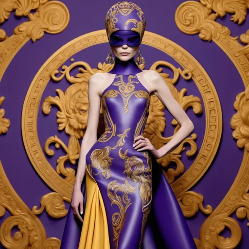 Prompt: (Yzma reimagined by Versace), (high fashion), (luxurious design), vivid patterns, bold colors, intricate fabrics, dramatic silhouettes, elegant accessories, lavish textures, playful elegance, set against a (glamorous runway backdrop), (surrounding opulence), (ultra-detailed), (high-end glamour).