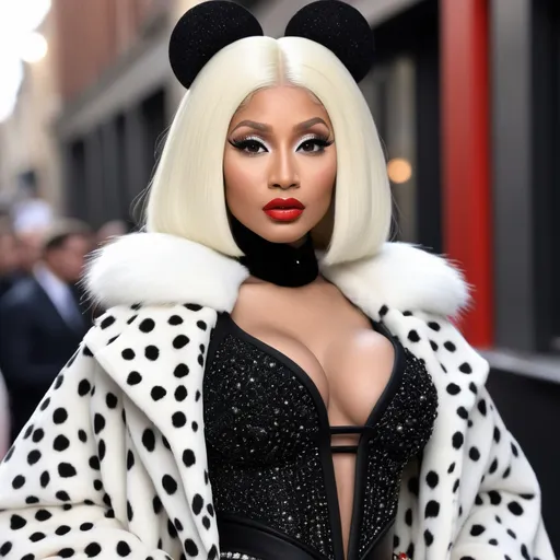 Prompt: A hyper realistic Nicki Minaj as Cruella in a Valentino very detailed and accurated 64k quality HD 3D outfit