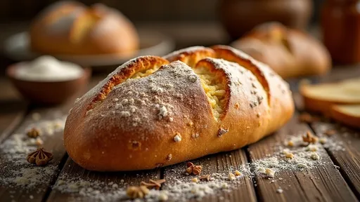 Prompt: (bread from Georgia), freshly baked, warm and inviting, traditional texture, crusty exterior, fluffy interior, artisan style, rustic setting, warm golden tones, cozy atmosphere, sprinkled flour details, surrounded by Georgian herbs and spices, intricate wooden table, high-quality HD, vibrant, delightful mood, showcasing cultural heritage.