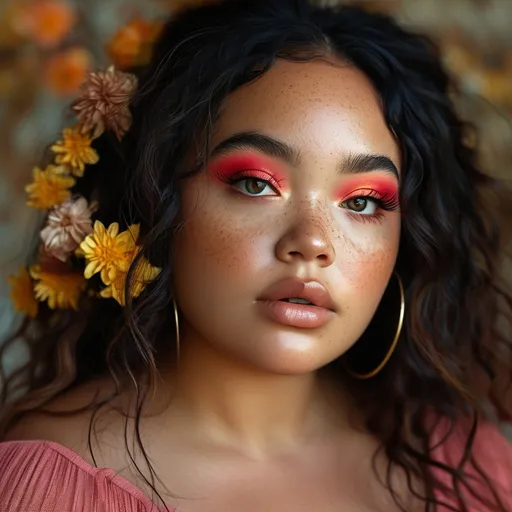 Prompt: (Down syndrome makeup model), captivating and empowering pose, bright makeup showcasing vibrant colors, engaging facial expression filled with confidence, beautifully styled hair, softly lit background emphasizing an uplifting and positive atmosphere, high-quality details, showcasing diversity and beauty, enhanced features accentuated with precision.