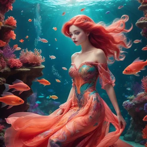 Prompt: Ariel (wearing Etro dress), (elegant pose), intricate patterns and vibrant colors, (underwater scene), ethereal lighting, soft waves creating a dreamy atmosphere, fish swimming nearby, radiant coral backdrop, whimsical vibe, (fashion-forward interpretation), high detail, (4K), captivating and enchanting mood.