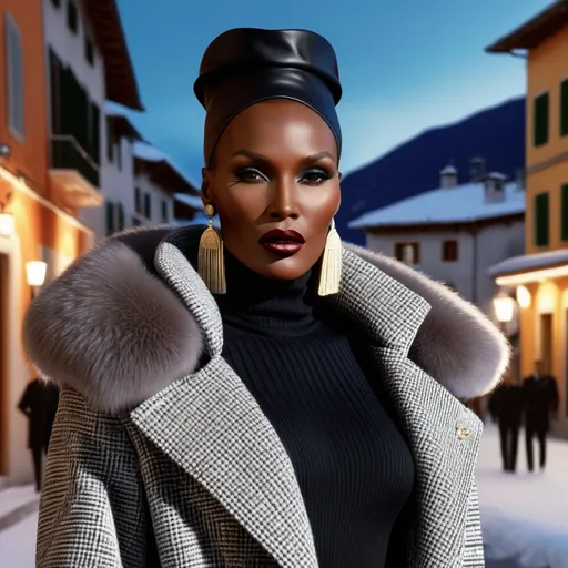 Prompt: Hyperrealistic 3D Grace Jones in 80s italian Courmayeur winter and cold fashion Gianni Versace, photorealistic, accurate features, Versace outfit, high resolution 64k, detailed textures, realistic lighting, Capri street backdrop, sophisticated, elegant, photorealism, Italian fashion, 80s style, high quality, Versace, detailed design, accurate, realistic rendering, lifelike, professional, professional lighting 