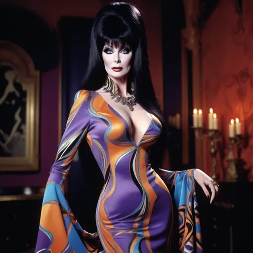 Prompt: Elvira in (stylish) Pucci attire, (elegant pose) exuding confidence, vibrant colors and patterns reflecting the iconic design, featuring flowing fabrics, dramatic makeup accentuating a spooky allure, (senspired lighting) casting an enchanting glow, against a (moody) backdrop that enhances the overall mysterious vibe, (ultra-detailed) and striking, capturing the essence of haute couture with a gothic twist.