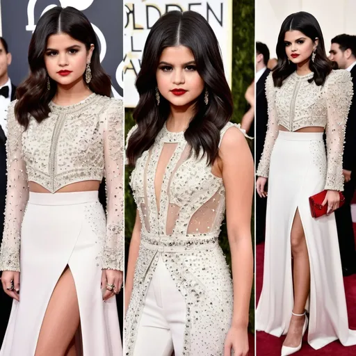 Prompt: Selena Gomez Valentino glam rock look