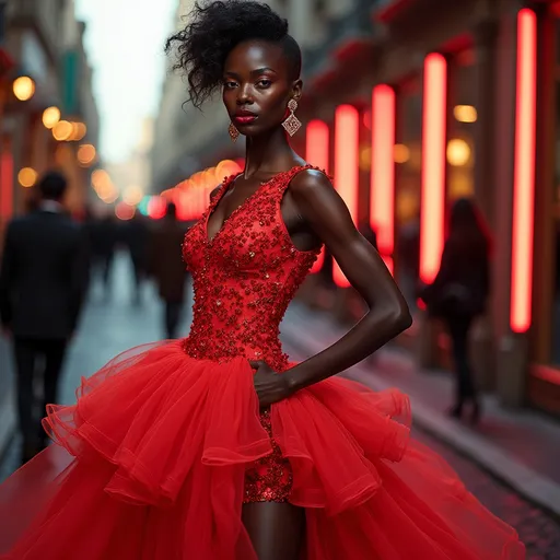 Prompt: (Alek Wek), wearing a stunning (Moschino dress), gracefully posed in a fashion-forward setting, vibrant colors, high fashion style, modern chic ambiance, trendy accessories, runway-like lighting, ultra-detailed, capturing the essence of elegance and glamour, soft background blur emphasizing the outfit, perfect for fashion enthusiasts.