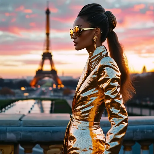 Prompt: Golden metallic outfit, (shimmering) fashion statement, Paris skyline backdrop, (elegant) architectural details, vibrant nightlife, rich culture, (ultra-detailed) city lights reflecting, warm tones illuminating surroundings, stylish pose, (high-quality) stunning ambiance, modern flair, accents of (luxurious) texture, dynamic urban energy.