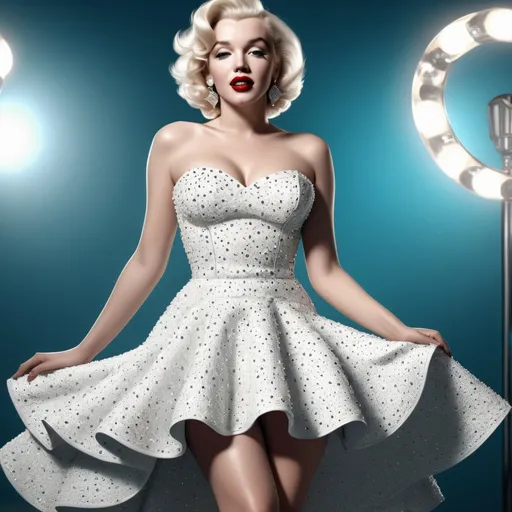 Prompt: Very detailed and hyper realistic Marilyn Monroe wearing a hyper realistic and very detailed Miu Miu dress 64k, ultra hd, 3d quality  500mpx reflex 