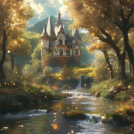 Prompt: (fairytale scene), enchanting forest, whimsical characters, vibrant colors, golden sunlight filtering through trees, magical creatures, sparkling fairy dust, a serene river, lush greenery, dreamy atmosphere, soft, warm tones, chateau in the distance, (4K ultra-detailed), capturing a sense of wonder and nostalgia, heartfelt storytelling.