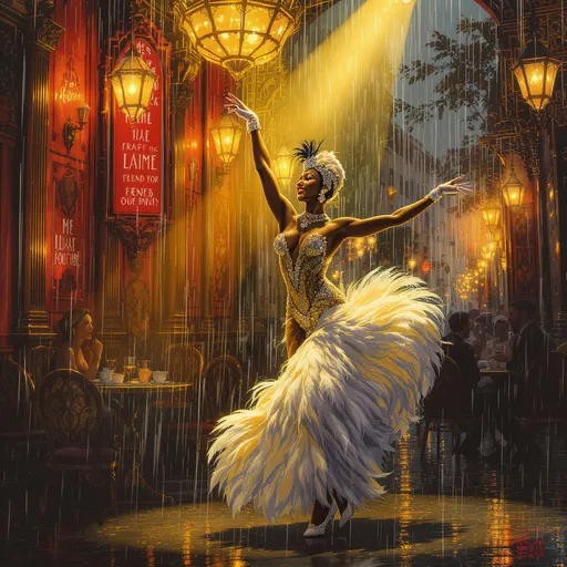 Prompt: Visualize Josephine Baker in a vibrant 1920s Parisian café, her striking presence commanding the room. She is captured mid-performance, wearing her iconic feathered skirt and sparkling jewels, radiating confidence and charisma. Bright spotlights cast warm, golden hues on her skin, accentuating the elegance of her pose as she dances, arms gracefully extended, with an infectious smile that captivates her audience. The intimate café is alive with the glow of art deco chandeliers and the soft chatter of patrons, creating a lively yet nostalgic atmosphere. Outside, a gentle rain creates a dreamy sheen on the cobblestone streets, blurring the lights from nearby buildings. Suggest a style of 'art deco illustration with bold colors and dynamic lines' to perfectly encapsulate this moment.