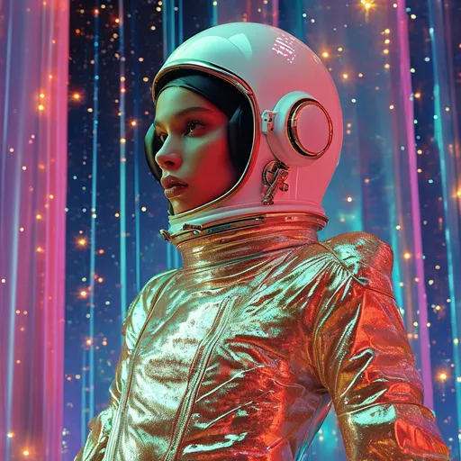 Prompt: space astronaut in (Mugler fashion), high-fashion design, bold garments with futuristic elements, sleek silhouette, metallic and iridescent colors, ethereal lighting, cosmic background with stars and galaxies, high depth, ultra-detailed, avant-garde style, striking pose, dynamic composition, surreal ambiance, (chic and trendy) vibe.