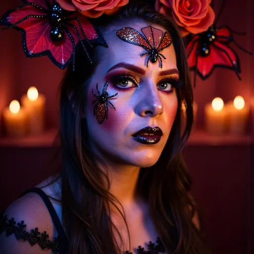 Prompt: (Halloween Makeup), vibrant and dramatic colors, intricate designs, eerie yet enchanting ambiance, detailed facial features adorned with glitter and bold shades, haunting accessories like fake spiders and cobwebs, spooky background with shadowy, candlelit settings, artistic face paint that tells a story, ultra-detailed, high quality.