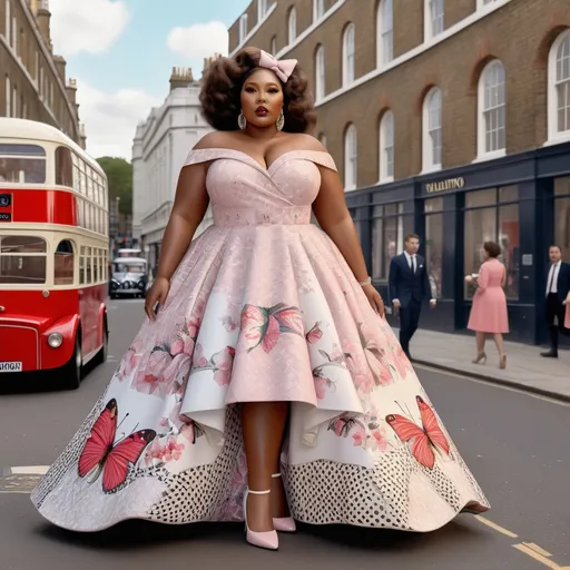 Prompt: Hyper Realistic and very detailed  Lizzo wearing a hyper realistic and very detailed Valentino 50s look with a very detailed Valentino dress and very detailed Valentino shoes in the centre of a very accurate 50s London 64k Hd, very accurate 3D 
