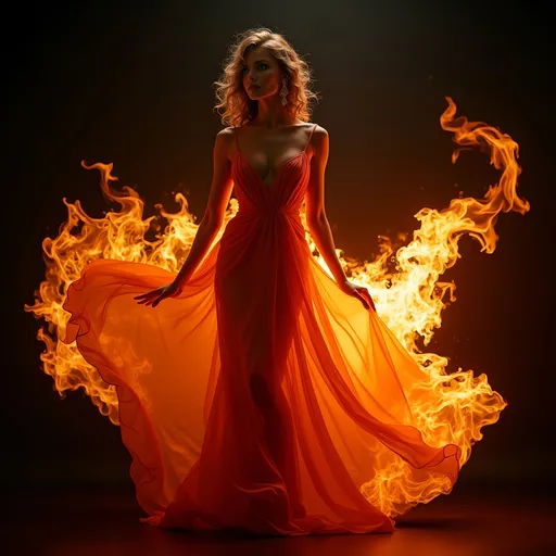 Prompt: Fire dress, vibrant flames enveloping a flowing gown, glowing with hues of deep orange, fiery red, and hints of gold, creating an ethereal effect, sophisticated movement captured in a dynamic pose, set against a contrasting dark background, capturing an enchanting and dramatic atmosphere, incredibly detailed 4K, ultra-detailed, masterpiece.