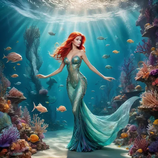 Prompt: Ariel in (exquisite Bob Mackie couture), underwater scene, (vibrant colors), (detailed, intricate patterns on the dress), shimmering ocean environment, playful marine life surrounding, ethereal light filtering through water, (highly detailed) and (ultra-detailed textures), enchanting and whimsical atmosphere, (fairytale vibe), dreamlike quality, beauty of ocean depth.