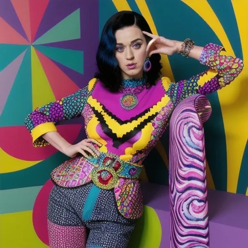 Prompt: (Katy Perry x Etro), (vibrant colors), fashion-forward, eclectic style, bold patterns, high-fashion poses, whimsical flair, luxurious fabrics, striking accessories, dynamic composition, artistic influences, modern elegance, upbeat and playful atmosphere, (HD), showcasing signature elements from both brands, inviting and lively vibes, black long hair.