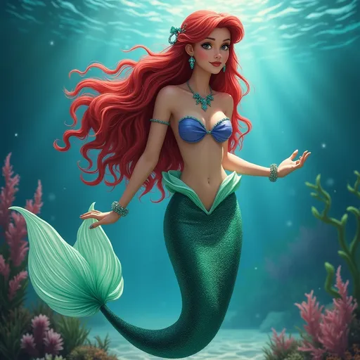 Prompt: (Ariel the Mermaid), (fashionable outfit), wearing Rabanne design, vibrant colors, ocean backdrop, waves gently flowing, whimsical atmosphere, magical underwater lighting, shimmering details, high-quality, ultra-detailed, enchanting scene, playful expression, artistic flair blending fashion and fantasy, captivating artistic composition, aquatic elements surrounding, dreamlike ambiance.