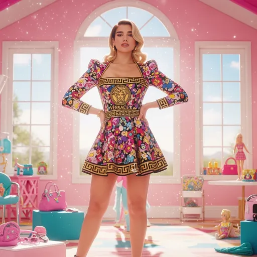 Prompt: Imagine Dua Lipa standing confidently in a vibrant, fashion-forward Versace minidress that embodies the playful elegance of Barbie The Movie. The setting is a whimsical pastel-hued Barbie Dreamhouse, with sparkles twinkling in the air and soft sunlight streaming through the large windows, casting a warm glow on her figure. Her hair cascades in glamorous waves, and her expression radiates bright fun, embodying both strength and playfulness. In the background, colorful accessories and toys of varying sizes accentuate the scene, enhancing the dreamlike ambiance. The overall mood is lively and imaginative, with a surreal essence reminiscent of a glossy fashion magazine cover, capturing the essence of pop culture with a touch of cinematic flair.