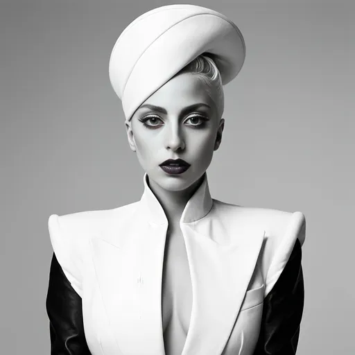 Prompt: Fashion photography Gaga in classic black and white style, crisp details, very high contrast, elegant avantgarde poses, vintage aesthetic, herb ritts, studio setting, minimalistic composition, high quality, classic, black and white, elegant poses, crisp details, high contrast, studio setting, minimalistic composition, white background
