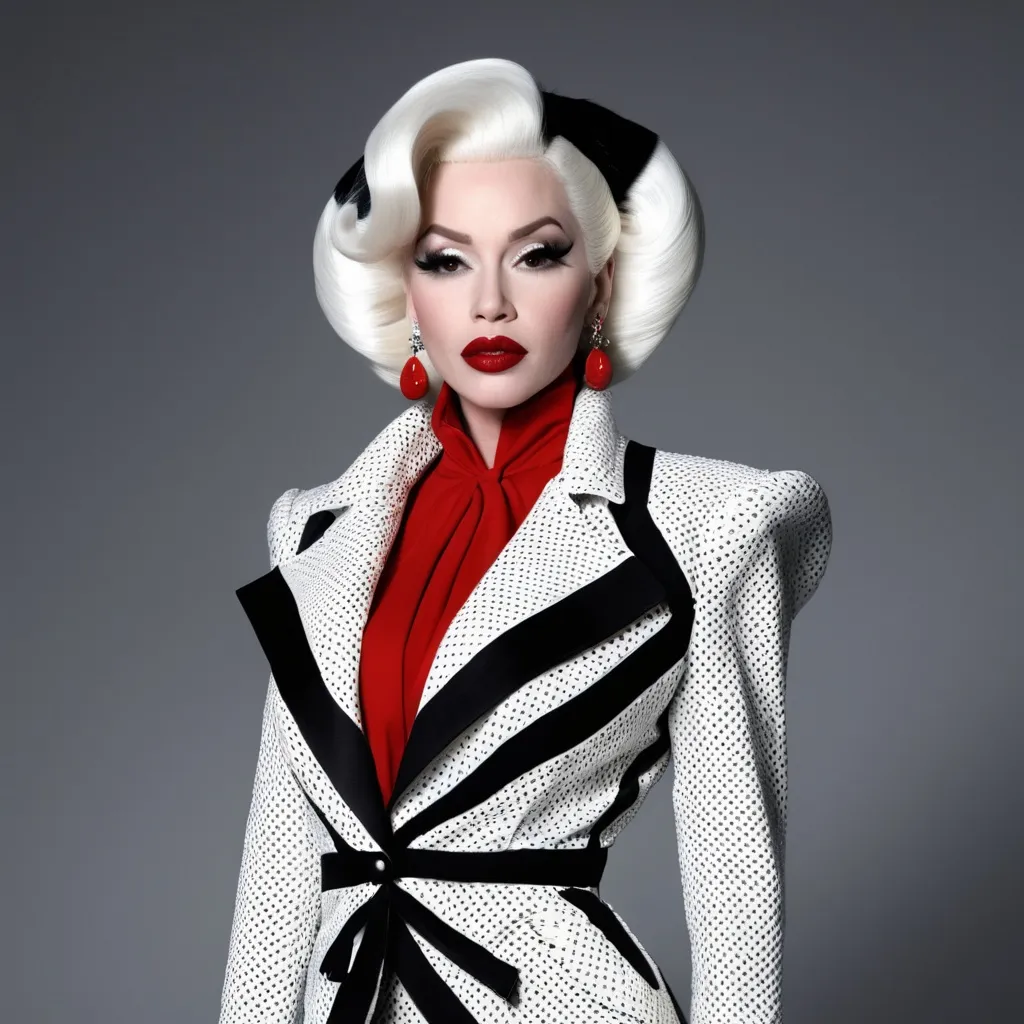 Prompt: A hyper realistic Amanda Lepore as Cruella in a Balenciaga very detailed and accurated 64k quality HD 3D outfit