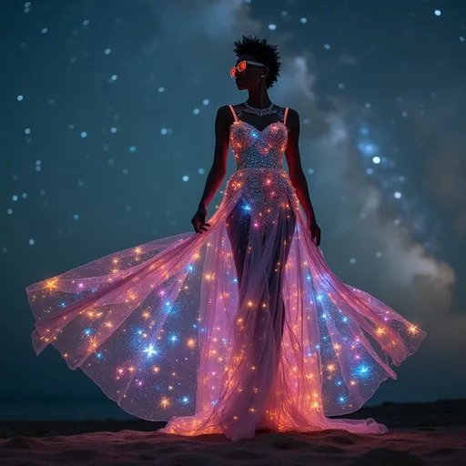 Prompt: (outer space dress Versace), (futuristic fashion), cosmic patterns, starry night backdrop, vibrant colors, shimmering fabric, ethereal glow, intricate details, high fashion aesthetic, otherworldly vibe, starlit ambiance, dramatic lighting, avant-garde style, ultra-detailed, 4K quality.