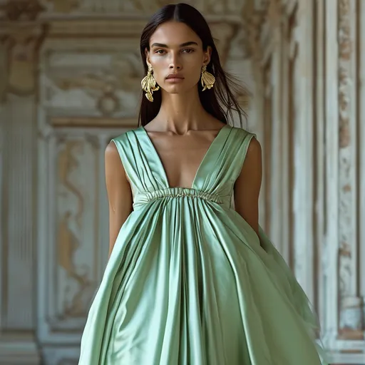 Prompt: Valentino mint leather and silk dress, (high-end fashion), luxurious textures, elegant design, flowing silhouette, vibrant mint color palette, soft silk draping, chic accessories, stylish ensemble, modern aesthetics, sophisticated luxury, 4K detail, captivating atmosphere, inviting elegance, polished presentation, sumptuous fabrics, striking appearance.