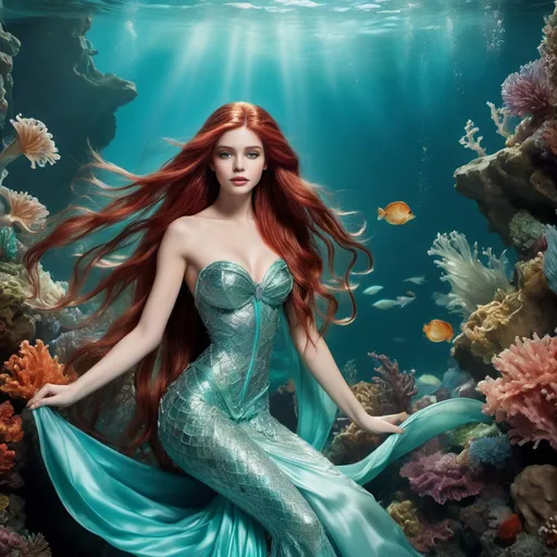 Prompt: Ariel wearing (Loewe), striking pose, long flowing hair, detailed facial features, ethereal expression, fashionable elements, elegant and stylish outfit, enriched textures, vibrant colors, underwater ambiance, soft turquoise hues, shimmering light, (HD), enchanting atmosphere, capturing the essence of a modern mermaid, elegant drapery and intricate design elements around her, marine flora in the background.