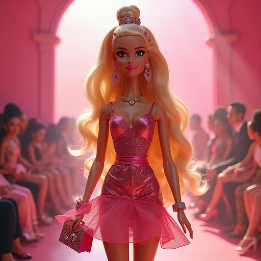 Prompt: Barbie wearing Moschino, vibrant and chic outfit, luxurious textures, playful accessories, stylish pose, eye-catching color palette, glamorous runway setting, soft pastel background, warm lighting, high-fashion ambiance, ultra-detailed, photorealistic fashion illustration, dynamic composition, playful yet sophisticated atmosphere, emphasizing luxury and fun. 