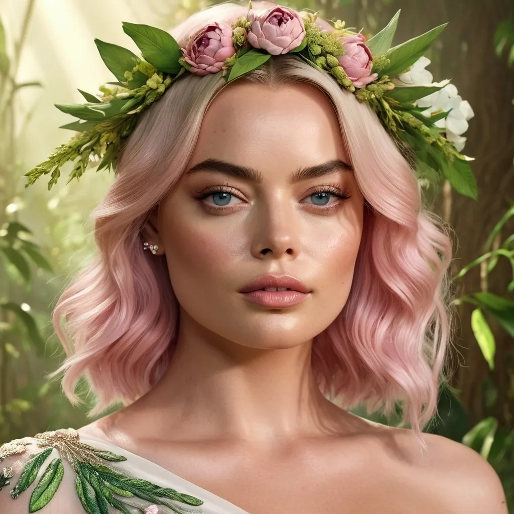 Prompt: HD 4k 3D Margot Robbie hyper realistic, professional modeling, ethereal Greek goddess of spring, pastel pink hair, pale skin, gorgeous face, floral embroidered gown, pastel jewelry and floral crown, full body, embodiment of Springtime, lush greenery, vegetation, and flora, detailed, elegant, ethereal, mythical, Greek, goddess, surreal lighting, majestic, goddesslike aura