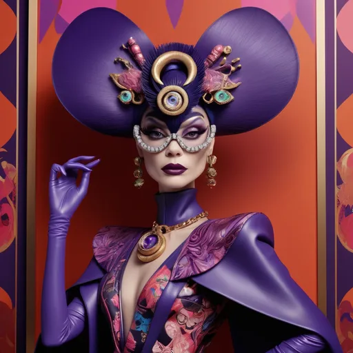 Prompt: (central content: Yzma reimagined by Gucci), (fashionable character design), vibrant colors, luxurious textures, playful accessories, intricate patterns, lavish backdrop, high fashion style, contemporary twist, upscale modern aesthetic, bold statement pieces, (ultra-detailed), (4K), dynamic composition, eye-catching visual appeal, high-energy atmosphere.