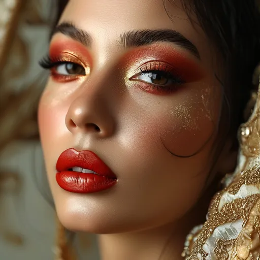 Prompt: (Mesauda full face makeup), vibrant colors, (flawless skin), artistic application, bold eye makeup, captivating lips, glamorous lighting, beauty arrangement, (high-definition), detailed textures, luxurious aesthetics, contemporary look, beauty theme, dynamic composition, expressive showcase, photography style for makeup display.