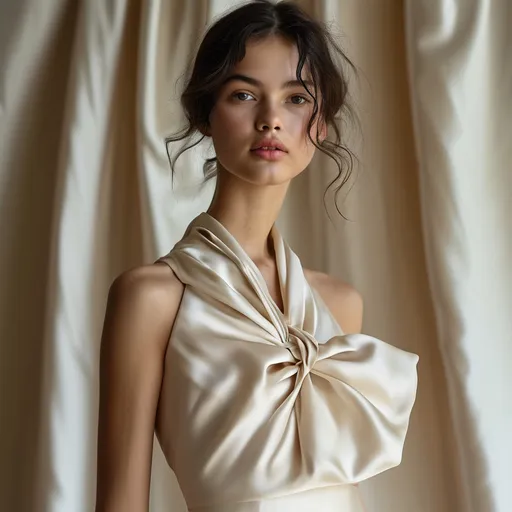 Prompt: (elegant silk dress), captivating design, soft flowing fabric, delicate bow detailing, luxurious texture, vibrant shades of silk, (high-end fashion), beautifully draped silhouette, graceful and chic, exquisite craftsmanship, on a softly lit backdrop, refined atmosphere, (4K), ultra-detailed, inviting and alluring elegance.