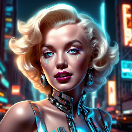 Prompt: (Marilyn Monroe as a cyborg), futuristic, sleek metallic enhancements, glowing lights integrated with classic beauty, fusion of vintage glam and modern technology, detailed robotic features, dramatic expression, captivating gaze, contrasting background of neon cityscape, warm glow from holographic ads, cinematic ambiance, ultra-detailed, high definition.