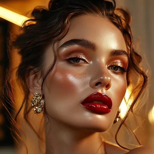 Prompt: (Dolce&Gabbana beauty), (full face makeup application), radiant skin, bold eyeshadow colors, glamorous lip hues, expert contouring, strategically applied highlighter, elegant hairstyle, vivid cosmetic products scattered around, professional lighting, warm tones, elegant ambiance, beauty-focused composition, ultra-detailed, high definition, modern beauty art concept.