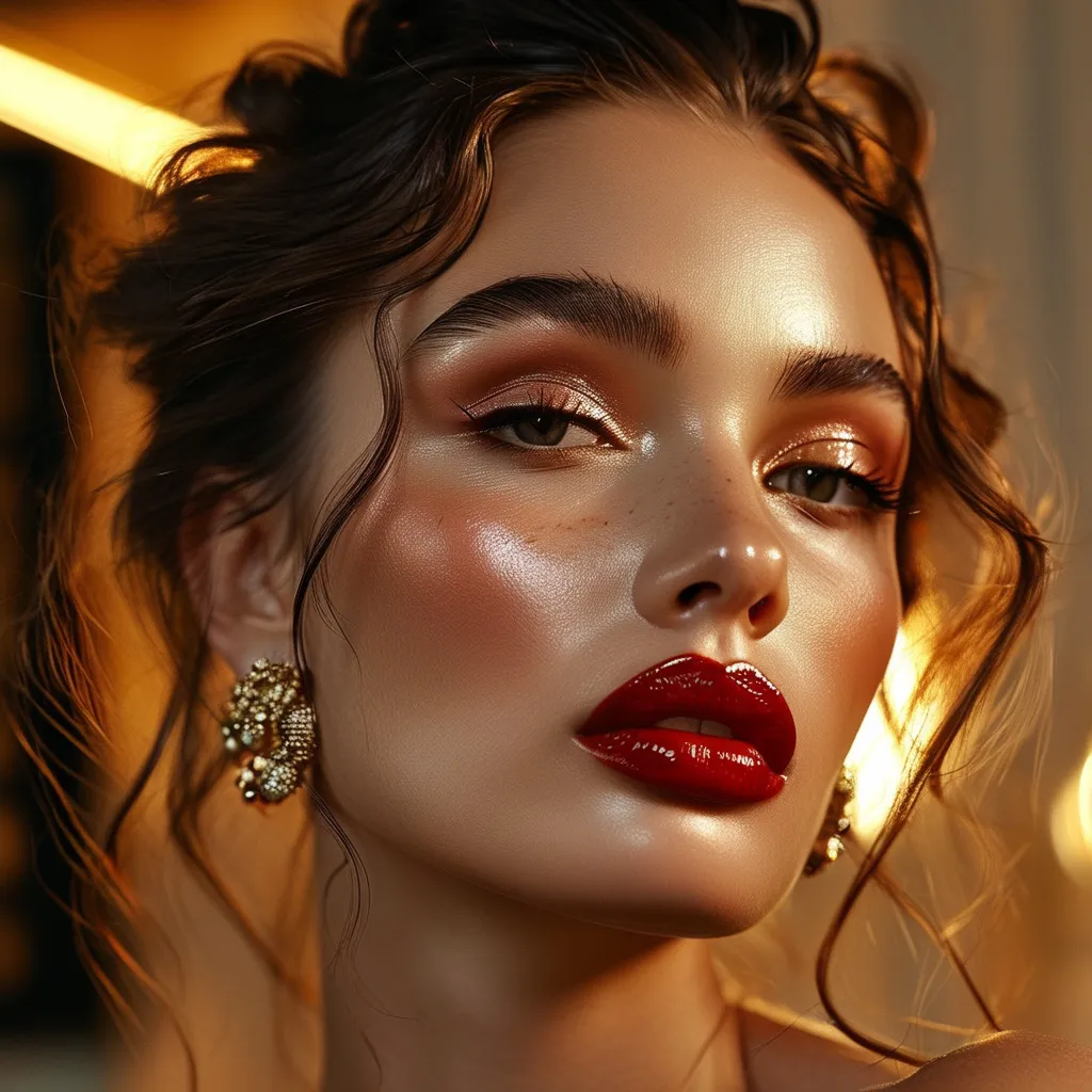 Prompt: (Dolce&Gabbana beauty), (full face makeup application), radiant skin, bold eyeshadow colors, glamorous lip hues, expert contouring, strategically applied highlighter, elegant hairstyle, vivid cosmetic products scattered around, professional lighting, warm tones, elegant ambiance, beauty-focused composition, ultra-detailed, high definition, modern beauty art concept.