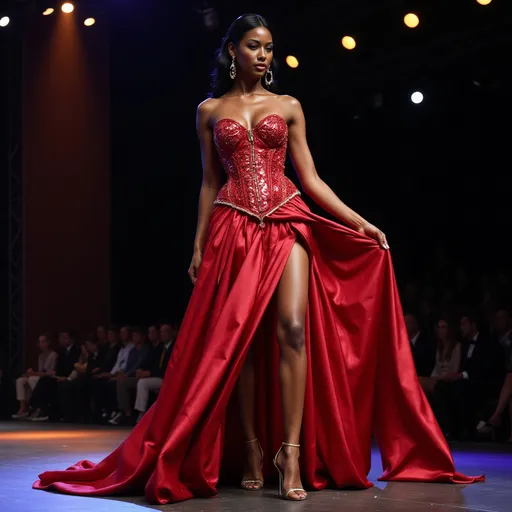 Prompt: (central content: Naomi Campbell in a Corset dress by Dolce&Gabbana), high fashion, stunning elegance, intricate details, luxurious fabric, (dramatic lighting), bold contrasts, glamorous pose, vibrant colors, sleek silhouette, exquisite design, captivating expression, luxury fashion, ultra-detailed, HD quality, high-energy ambiance, iconic runway feel.