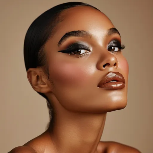 Prompt: (Kiko Milano black woman full face makeup), ultra-detailed, vibrant colors, showcasing a flawless makeup application with intricate details on eyes and lips, luminous skin texture, professional beauty studio environment, warm and inviting ambiance, elegant and bold presence, rich product hues, high-quality photo capture, focusing on makeup artistry and expression.