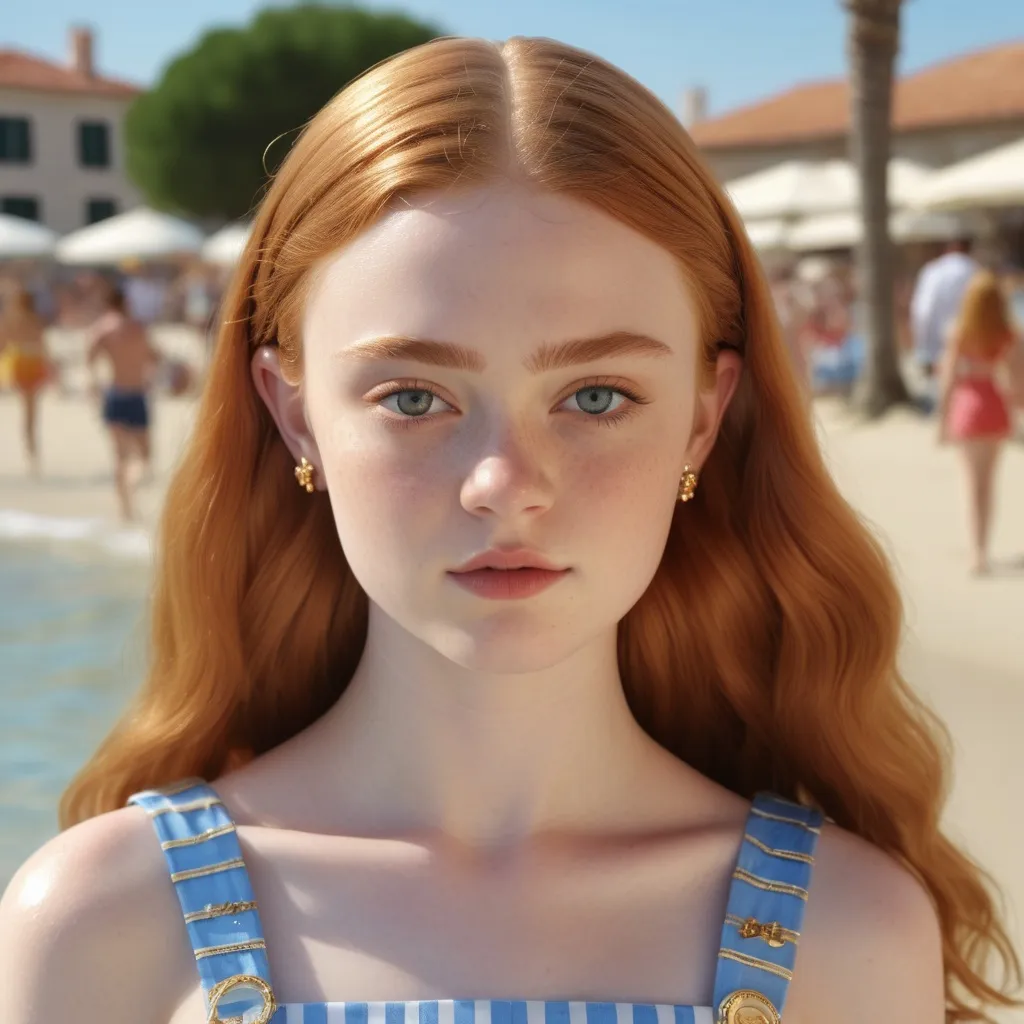 Prompt: Hyperrealistic 3D Sadie Sink in 90s italian Milano Marittima Beach summer and hot fashion Moschino, photorealistic, accurate features, Moschino outfit, high resolution 64k, detailed textures, realistic lighting, Milano Marittima beach backdrop, sophisticated, elegant, photorealism, Italian fashion, 90s style, high quality, Moschino, detailed design, accurate, realistic rendering, lifelike, professional, professional lighting 