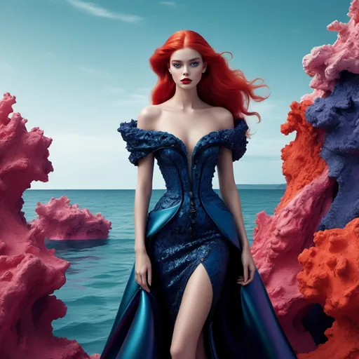 Prompt: (Ariel wearing Balenciaga), fashionably stunning, high-fashion vibe, modern color palette, (striking silhouette), elegant ensemble, luxurious textures, creative depiction, marine elements blended with haute couture, (ultra-detailed), vibrant colors, dramatic marine background, whimsical yet chic atmosphere, artful blend of fantasy and contemporary styles, (high quality, 4K).