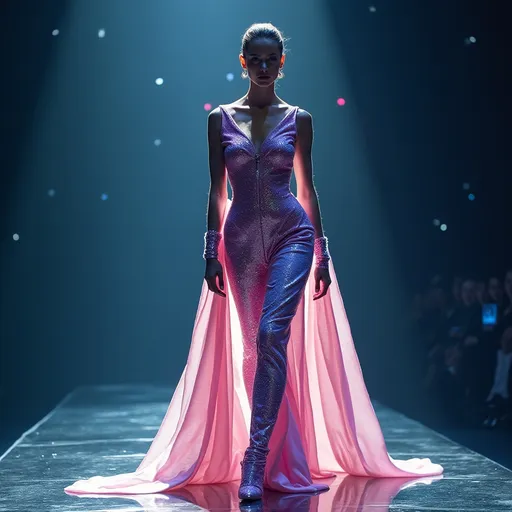 Prompt: (Mugler space dress), futuristic fashion design, (sleek) lines and (dramatic) silhouettes, shimmering materials, cosmic elements, a blend of elegance and modernity, (vibrant) colors with (metallic) accents, bold accessories, ultra-detailed, high fashion, innovative shape, ethereal atmosphere, (high-quality 4K), striking visual aesthetics, captivating starry background, stylish and avant-garde.