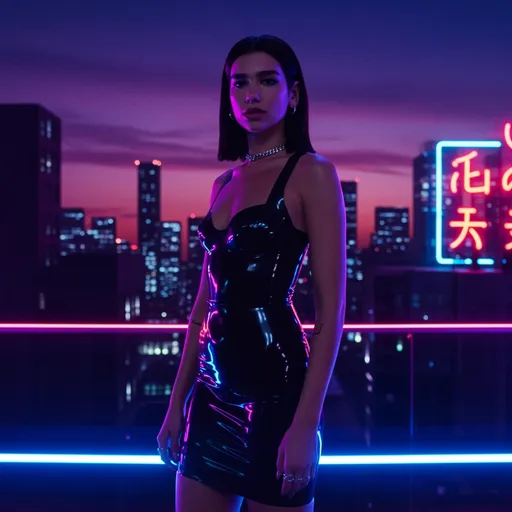 Prompt: Visualize Dua Lipa striking a confident pose against a backdrop of a sleek, futuristic cityscape at twilight. The sky is painted with deep purples and rich blues, accentuated by glimmering city lights. She wears a daring latex Balenciaga dress that clings to her figure, reflecting the ambient glow around her. The fabric has a mirror-like sheen, capturing the interplay of light as she turns slightly, her expression a blend of fierce determination and effortless elegance. Nearby, neon signs cast vibrant colors that dance across her outfit, enhancing the high-fashion vibe. The scene embodies a modern, edgy aesthetic, reminiscent of cinematic lighting in a photorealistic style.