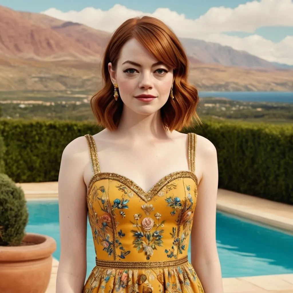 Prompt: Very similar Emma Stone wearing a long Dolce&Gabbana dress in a Wes Anderson oniric landscape ultra had, very detailed with no distorsions 64k quality Reflex 