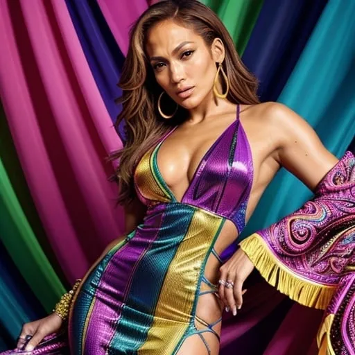 Prompt: Jennifer Lopez in Versace Pride Month dress, vibrant and colorful, high fashion photography, bold pose, flowing fabric with intricate details, high quality, fashion photography, vibrant colors, pride month, detailed design, confident pose, professional lighting