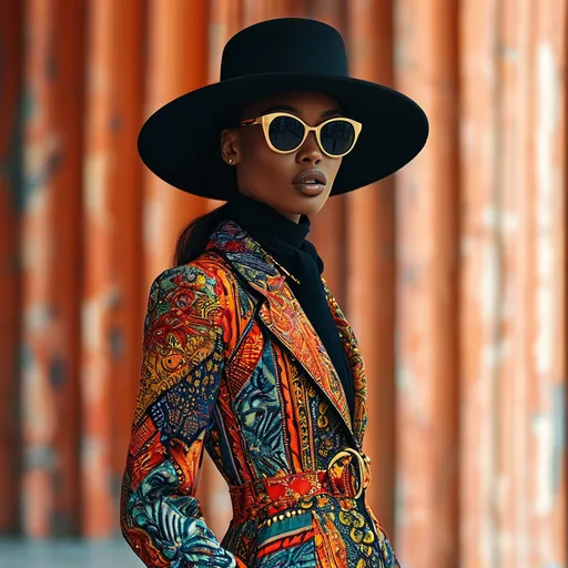 Prompt: (fashion outfit), stylish and chic design, showcasing a modern ensemble, vibrant colors, intricate patterns, glossy textures, trendy accessories, dramatic lighting, capturing a high-fashion feel, set against an elegant backdrop, showcasing refined elegance, ultra-detailed, HD, emphasizing creativity and aesthetic flair.