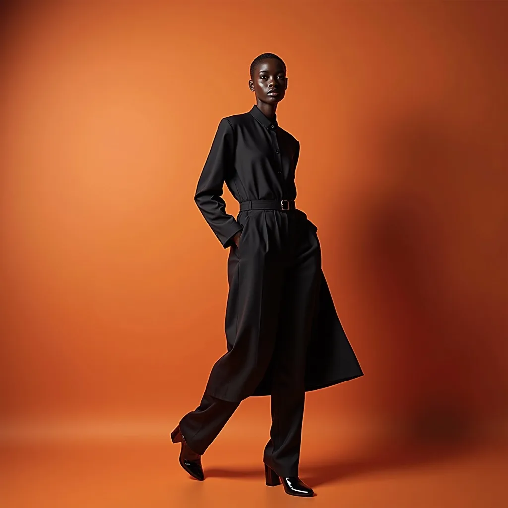 Prompt: (Alek Wek wearing Jil Sander), high fashion, (striking pose), timeless elegance, modern silhouette, minimalist design, soft yet bold fabric textures, dreamy background setting, warm and inviting colors, (4K), ultra-detailed fashion photography, capturing the essence of contemporary style, chic accessories, ambient lighting that enhances the mood, poised and confident aura.