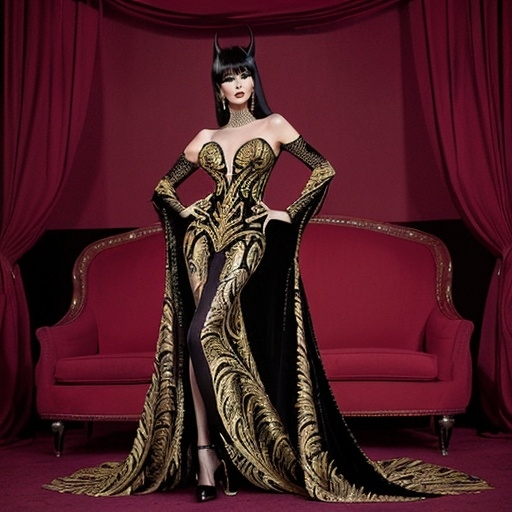 Prompt: (Elvira in Bob Mackie Couture), glamorous outfit, (intricate patterns), dramatic glamour, high-fashion, (bold colors), sleek silhouette, bold makeup, luxurious fabrics, theatrical atmosphere, captivating pose, (stunning detail), rich textures, enchanting background, ultra-detailed, visually striking composition, sophisticated elegance, high contrast lighting, impeccable styling.