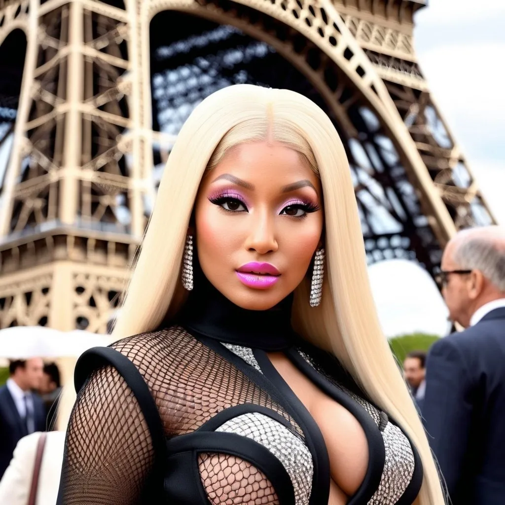 Prompt: Photorealistic Nicki Minaj wearing Pierre Cardin and makeup 
in Paris 