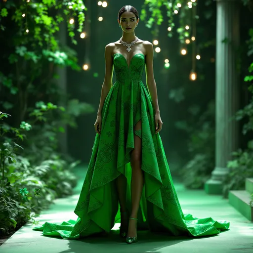 Prompt: high-fashion Balenciaga for Gucci dress for St. Patrick's Day, vibrant green hues, intricate patterns, luxurious fabric, eco-friendly material, stylish, contemporary design, elegant silhouette, festive ambiance, artistic display, refined details, striking accessories, dramatic lighting, ultra-detailed, high-resolution, perfect for a sophisticated fashion show or holiday celebration.