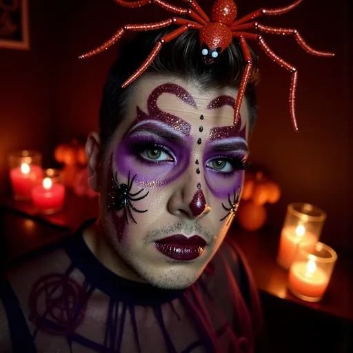 Prompt: (Halloween Makeup), vibrant and dramatic colors, intricate designs, eerie yet enchanting ambiance, detailed facial features adorned with glitter and bold shades, haunting accessories like fake spiders and cobwebs, spooky background with shadowy, candlelit settings, artistic face paint that tells a story, ultra-detailed, high quality.